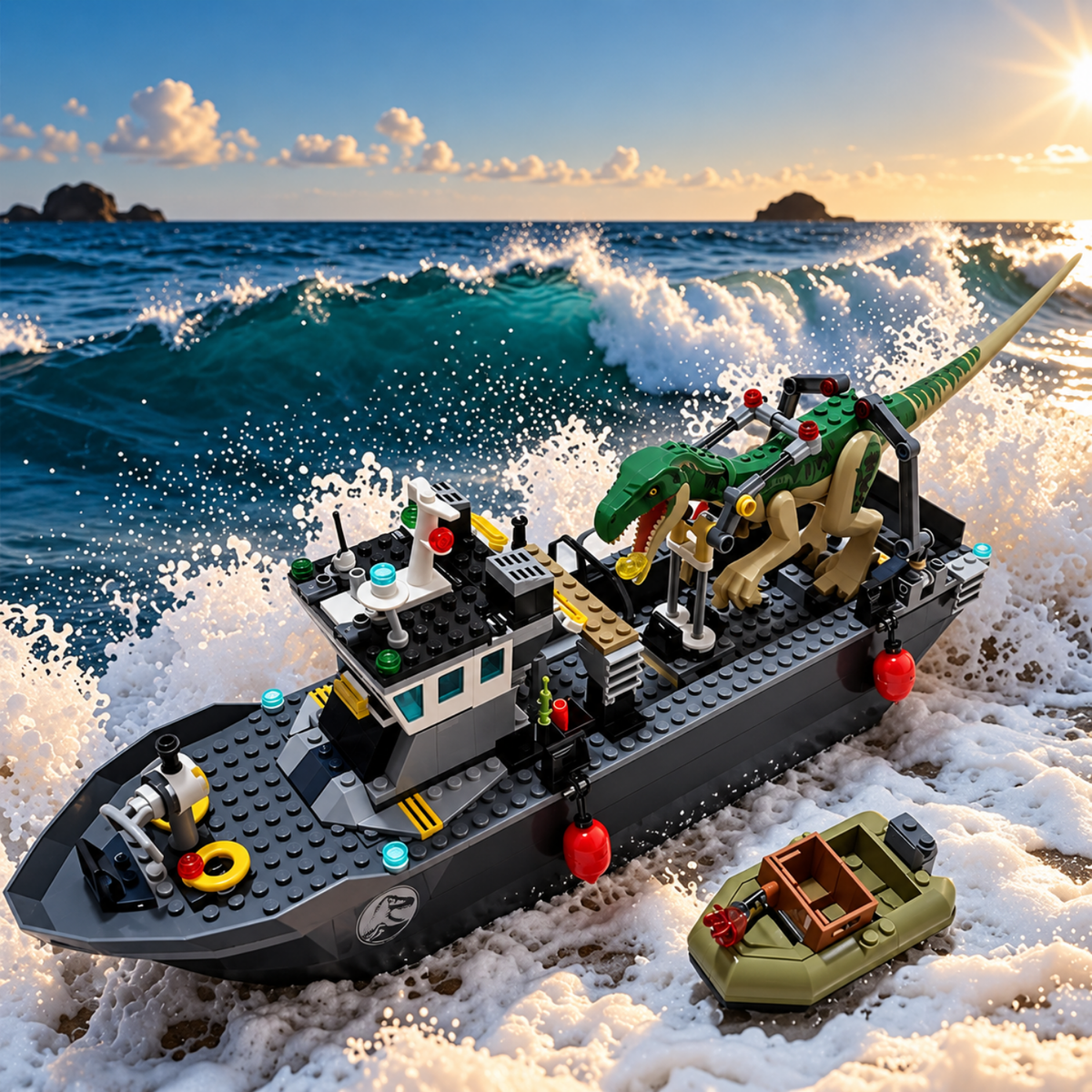 Bateau de capture de dinosaures en briques de construction, 332 pièces – modèle assemblé