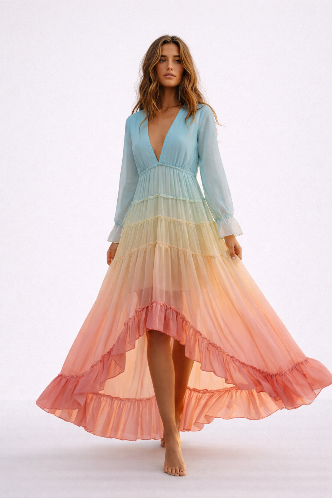 Robe Longue Femme Bohème – Coupe Fluide Col V Volantée Effet Ventre Plat | Robe Maxi Fluide