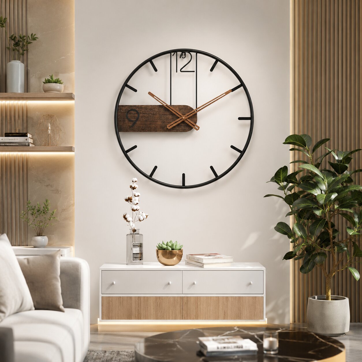 Horloge murale moderne acier inoxydable et bois de noyer, présentation complète