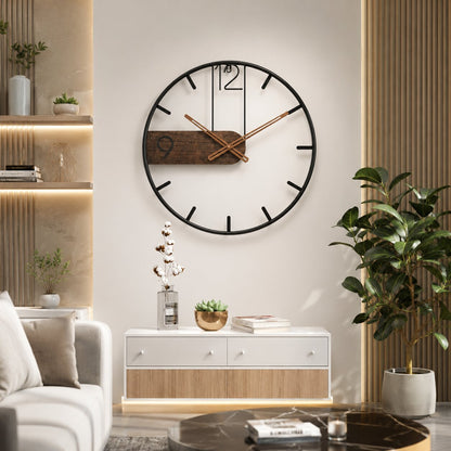 Horloge murale moderne acier inoxydable et bois de noyer, présentation complète