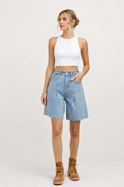 Short En Jean Femme – Taille Haute Coupe Ample Décontractée | Short Denim Été