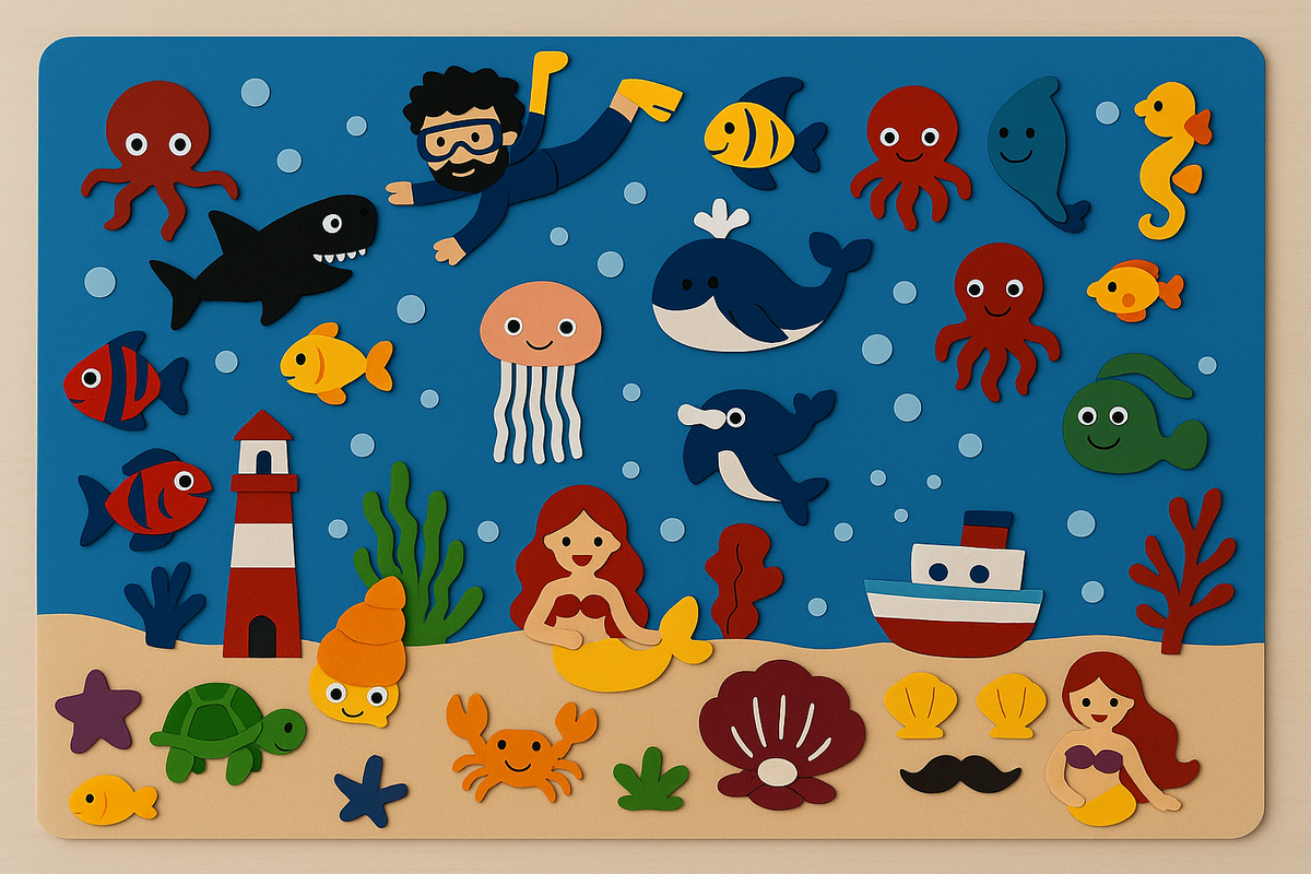 Tableau en feutrine enfant, thème Monde sous-marin avec créatures marines