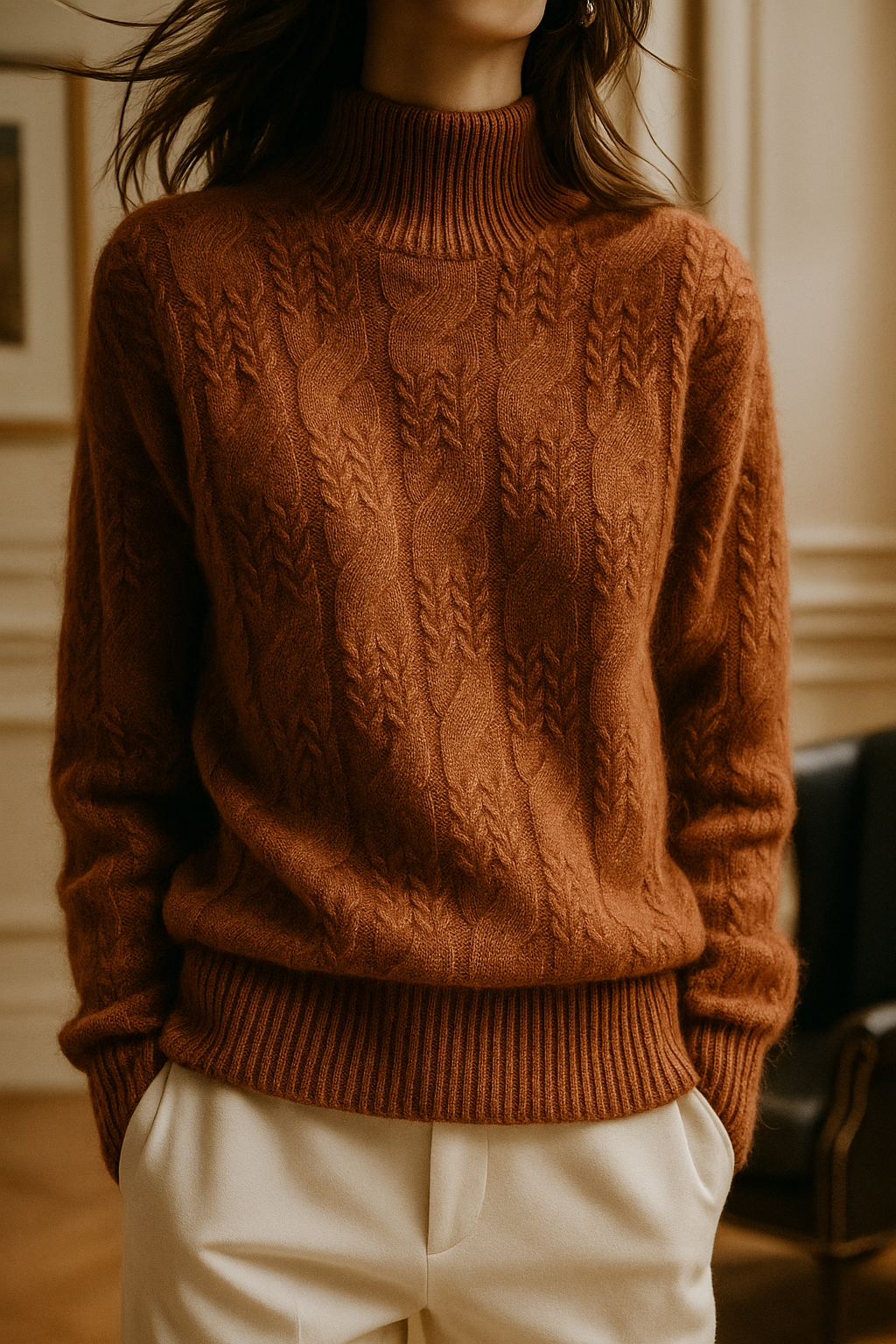 Pull femme maille torsadée terracotta à col mi-haut, vue de face