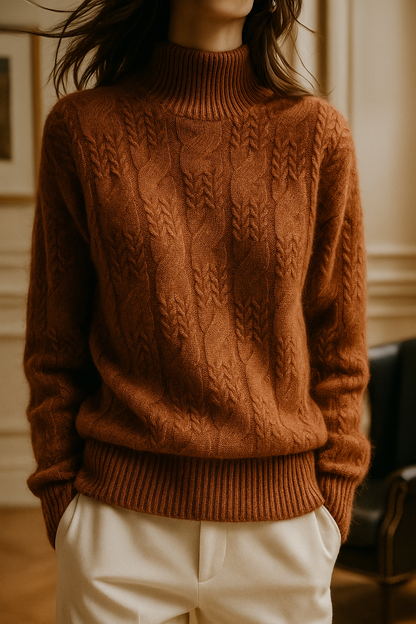 Pull femme maille torsadée terracotta à col mi-haut, vue de face