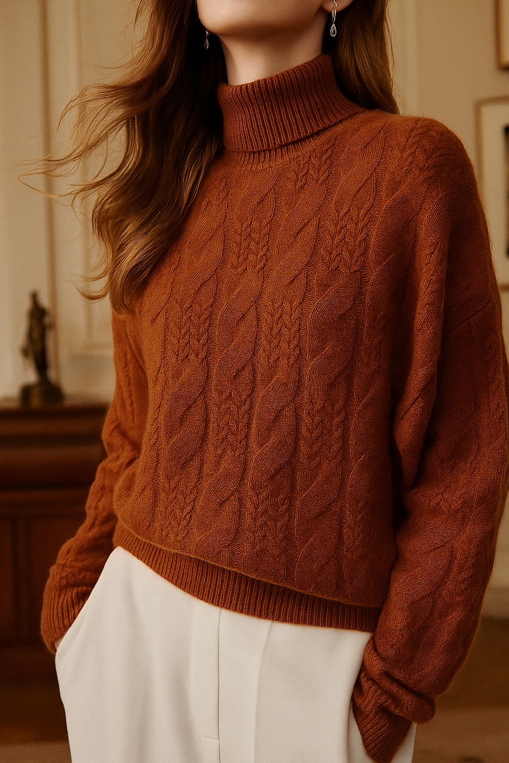 Pull femme maille torsadée terracotta, détail col et buste