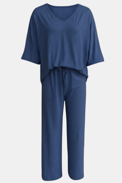Ensemble Femme 2 Pièces – Haut Col V et Pantalon Large Fluide