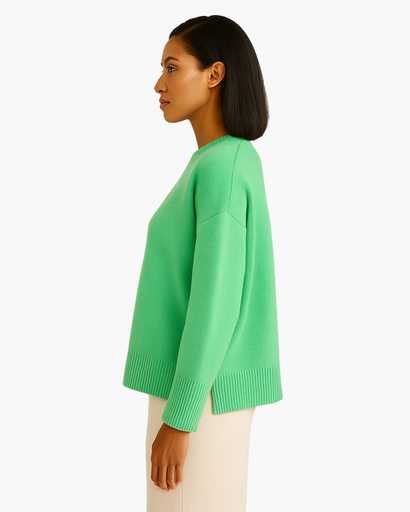 Pull Oversize Femme Col Rond Maille Unie vert - vue de côté - Melvoire