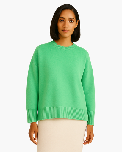 Pull Oversize Femme Col Rond Maille Unie vert - vue de face - Melvoire