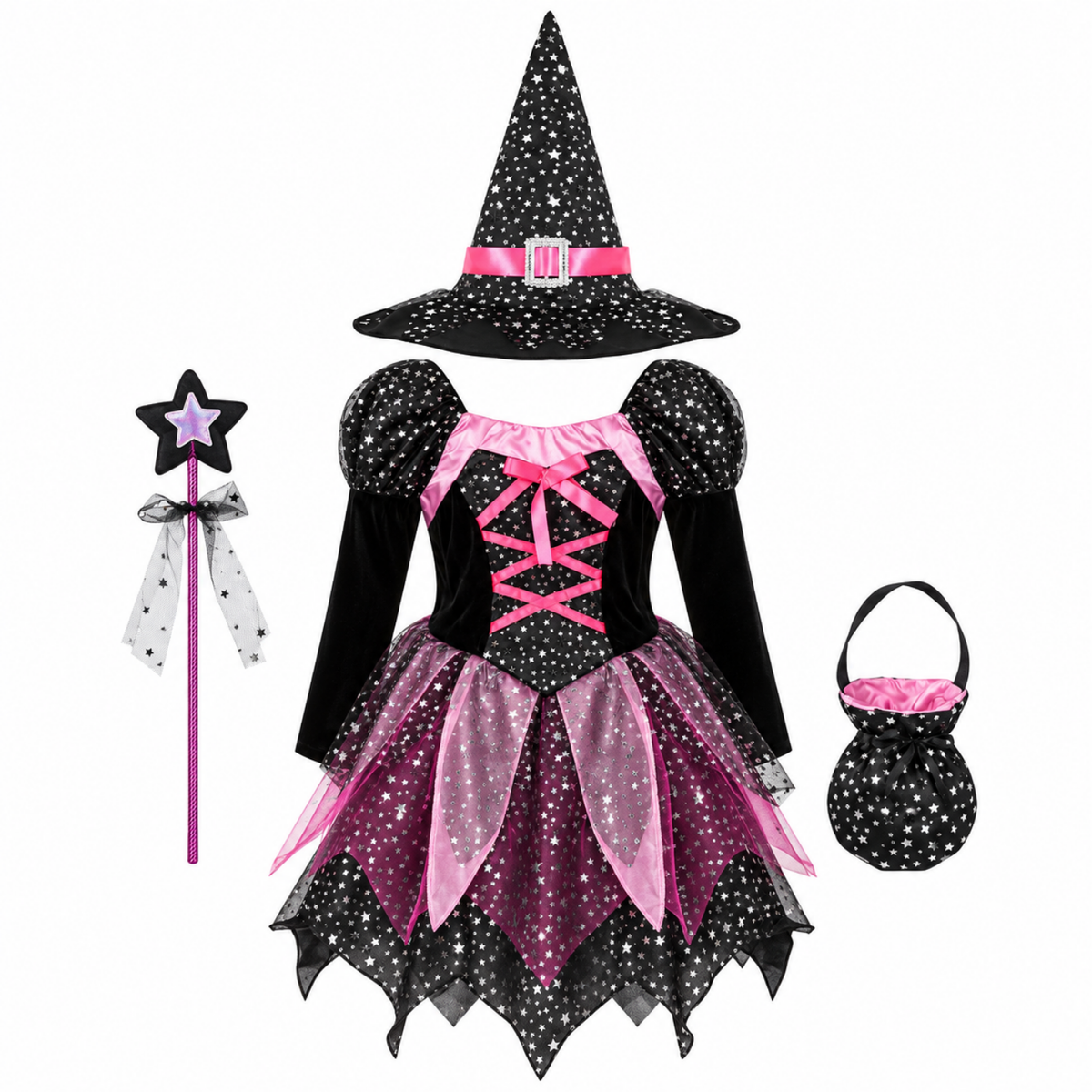 Ensemble sorcière 4 pièces pour fille, modèle robe sorcière classique