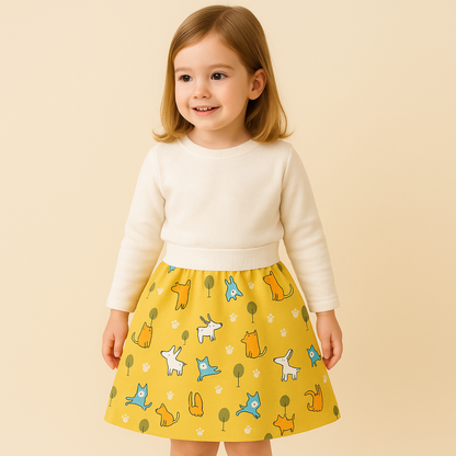 Petite fille portant la jupe imprimée chiens jaunes avec un pull crème