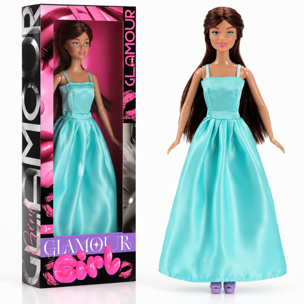 Poupée mannequin articulée en robe de soirée satinée bleu turquoise, avec son coffret cadeau