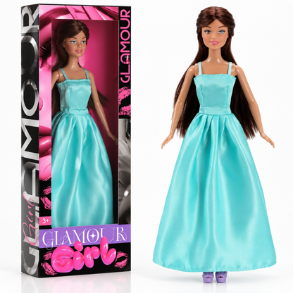 Poupée mannequin articulée en robe de soirée satinée bleu turquoise, avec son coffret cadeau