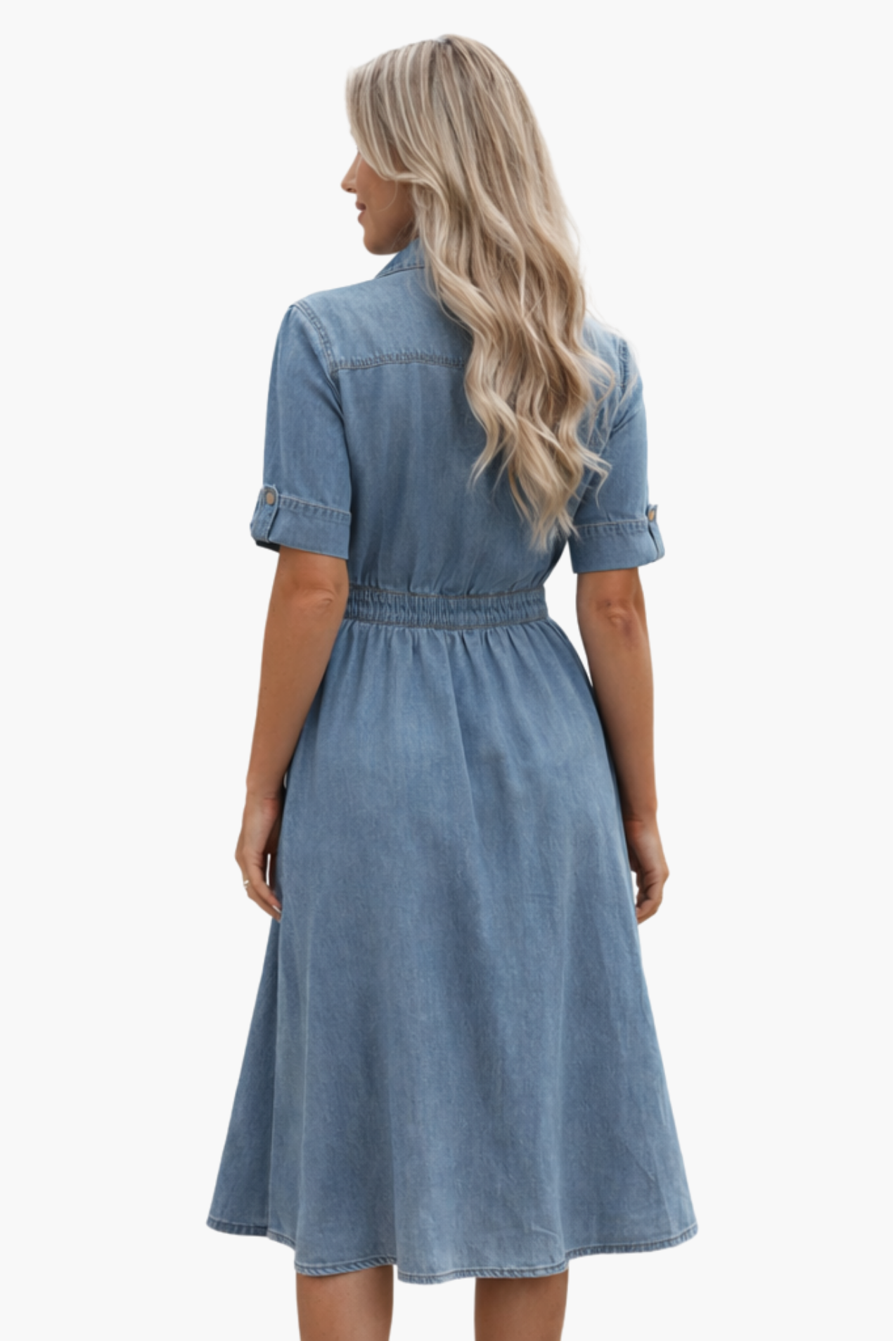 Robe Midi Jean Femme – Coupe Chemise & Taille Marquée, Style Casual Chic Quotidien