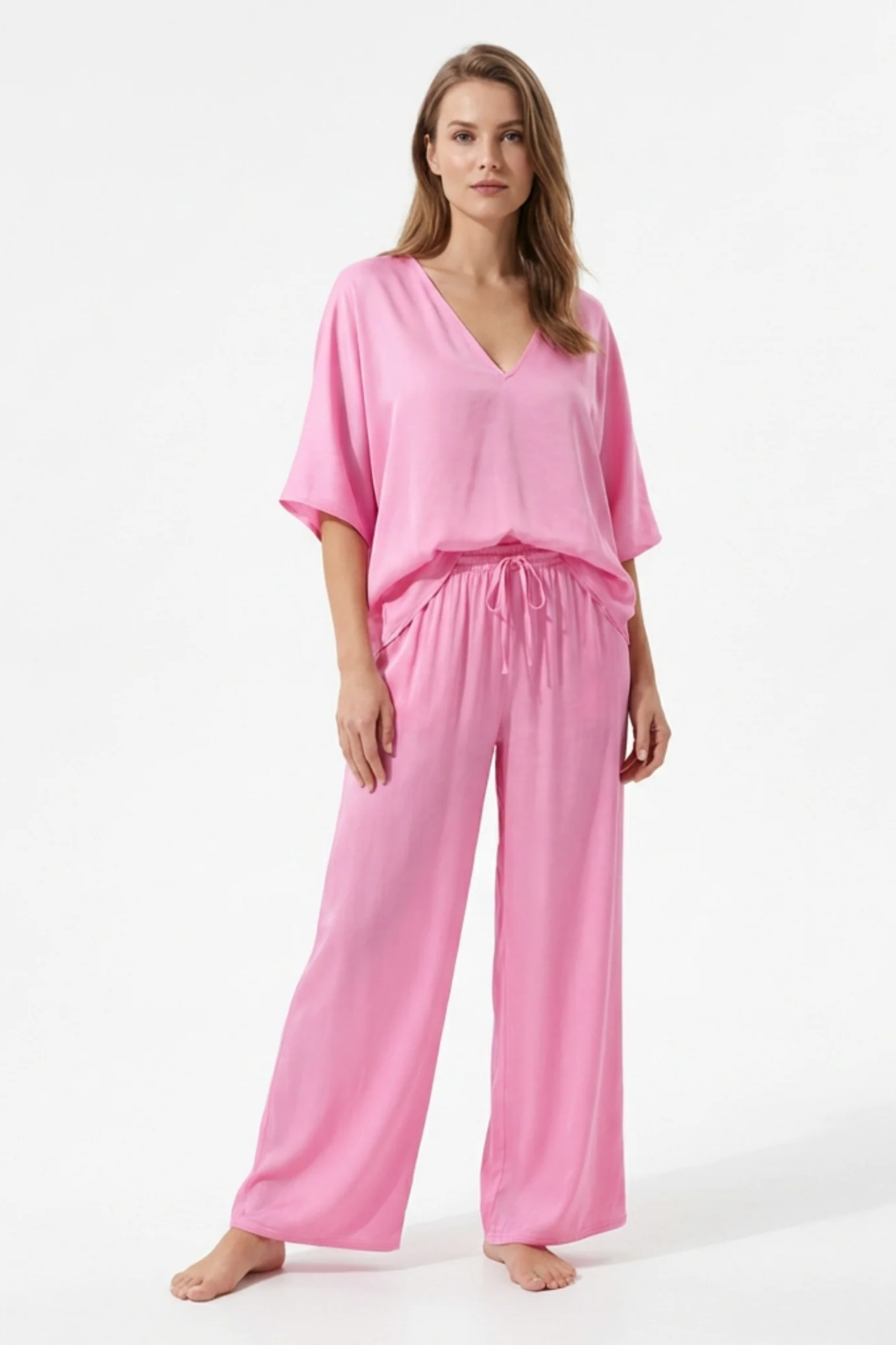 Ensemble Femme 2 Pièces – Haut Col V et Pantalon Large Fluide