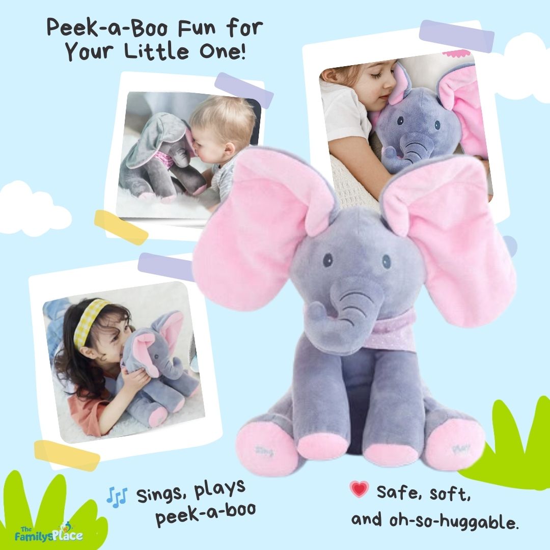 Éléphant peluche coucou interactif, coloris rose