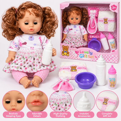 Coffret poupon interactif, accessoires de nurserie dont bavoir, couche et bassine