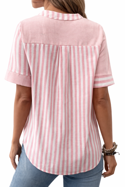 Blouse Femme Fluide – Style Décontracté Patchwork Rayé Respirant | Haut Col en V Manches Courtes