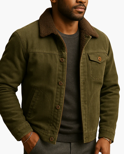 Veste homme velours côtelé doublée sherpa portée en hiver