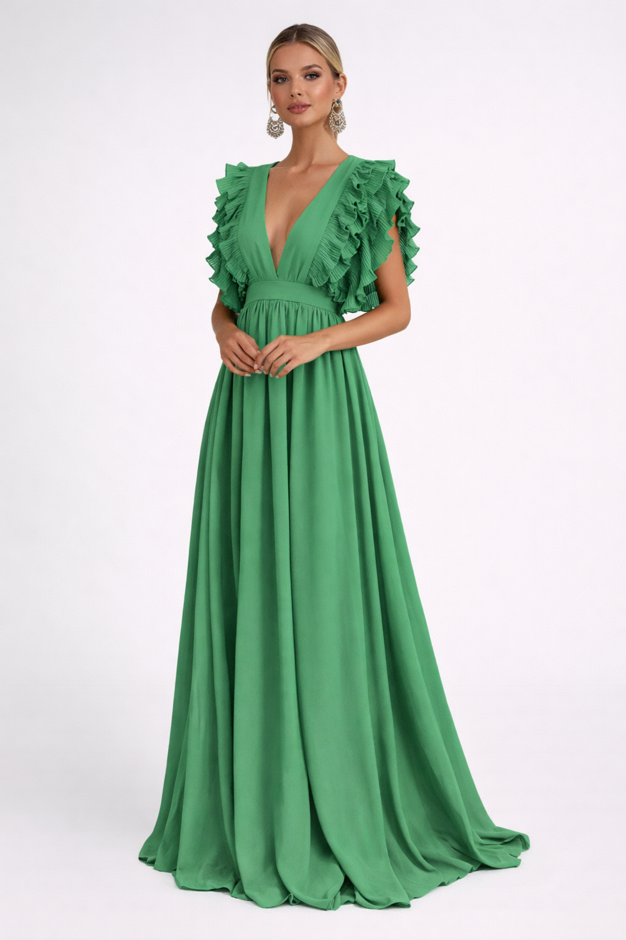 Abito Lungo da Donna Elegante – Scollo Plunging e Volant Romantici