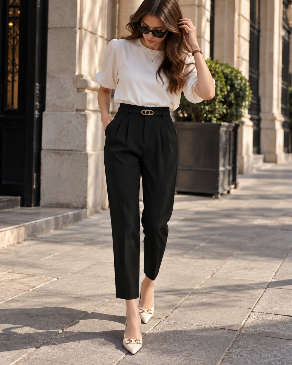 pantalon tailleur femme noir porté en extérieur avec un t-shirt blanc, look streetwear chic