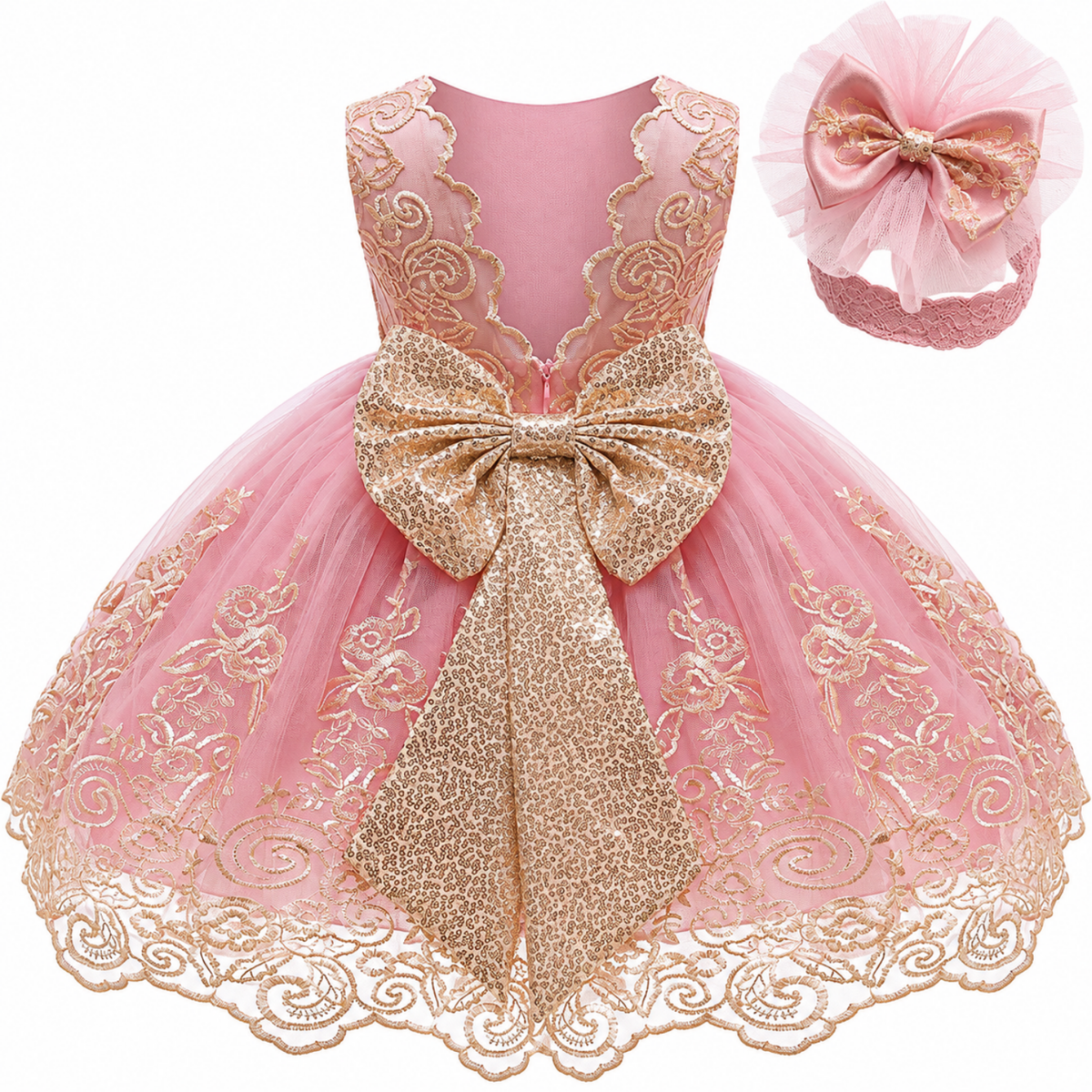 Robe de fête en dentelle rose vif avec grand nœud pour bébé fille