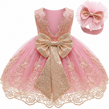 Robe de fête en dentelle rose vif avec grand nœud pour bébé fille