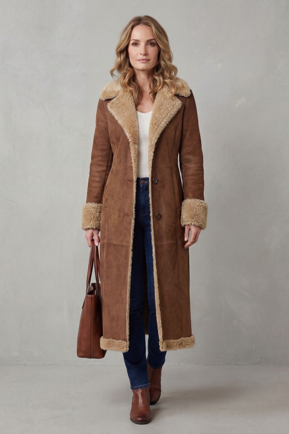 Manteau long doublé peau de mouton, détail doublure