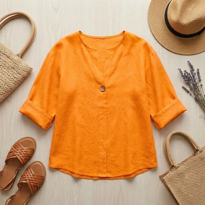 Blouse Femme en Lin – Coupe Fluide et Col en V Respirant | Blouse Lin Décontractée