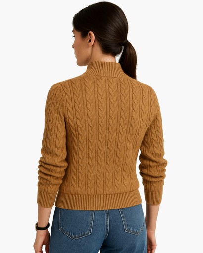 Pull Femme Motif Câble Col Montant Boutonné marron camel - vue de dos - Melvoire