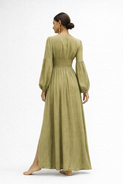 Vestito Lungo Donna con Scollo a V – Abito Fluido Elegante a Maniche Lunghe