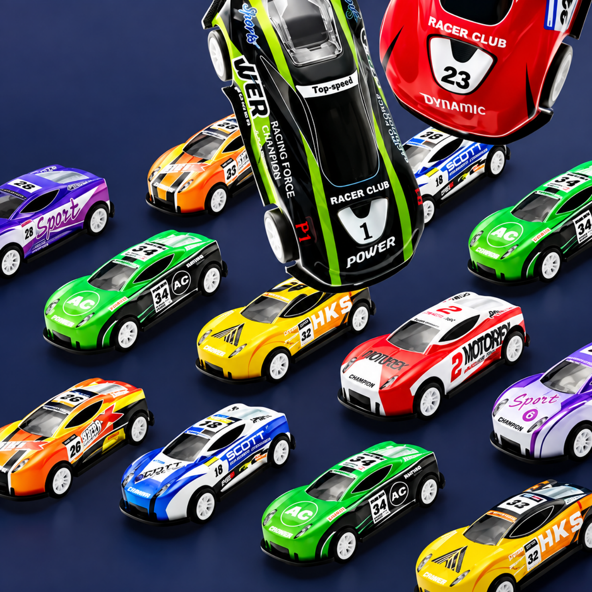 Assortiment de mini-voitures de course colorées incluses avec le camion transporteur