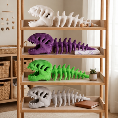 Capes en tête de dinosaure squelette pour enfant, quatre coloris (blanc, violet, vert, gris) présentées sur une étagère