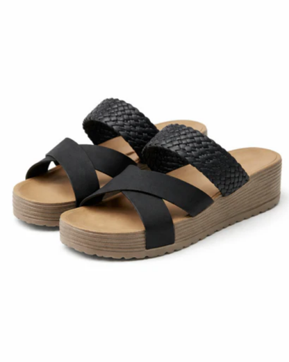 Sandales Compensées Femme – Brides Croisées Tressées & Plateforme Texturée, Confort Estival