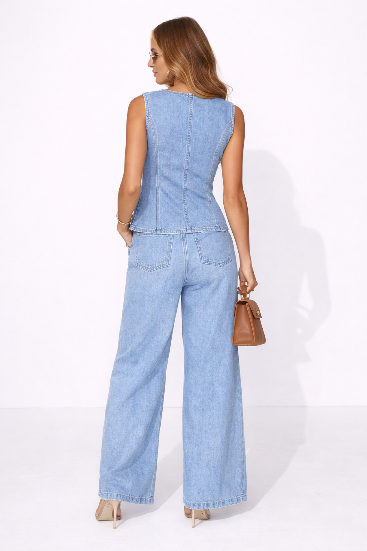 Ensemble Femme Denim Sans Manches – Haut Ajusté et Pantalon Large