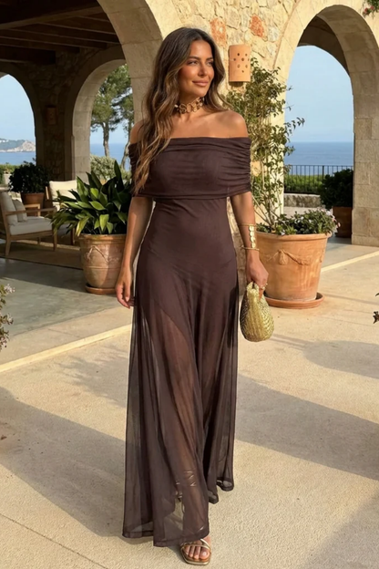 Abito lungo da donna con spalle scoperte – Abito elegante e fluido in maglia trasparente