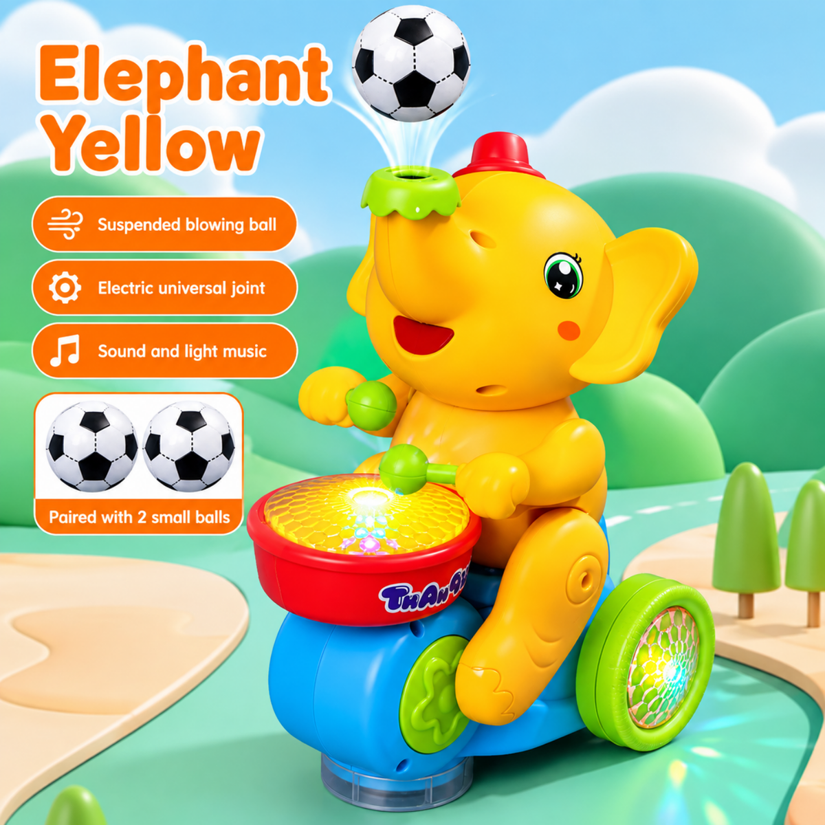 Éléphant musical batteur jaune avec balle flottante