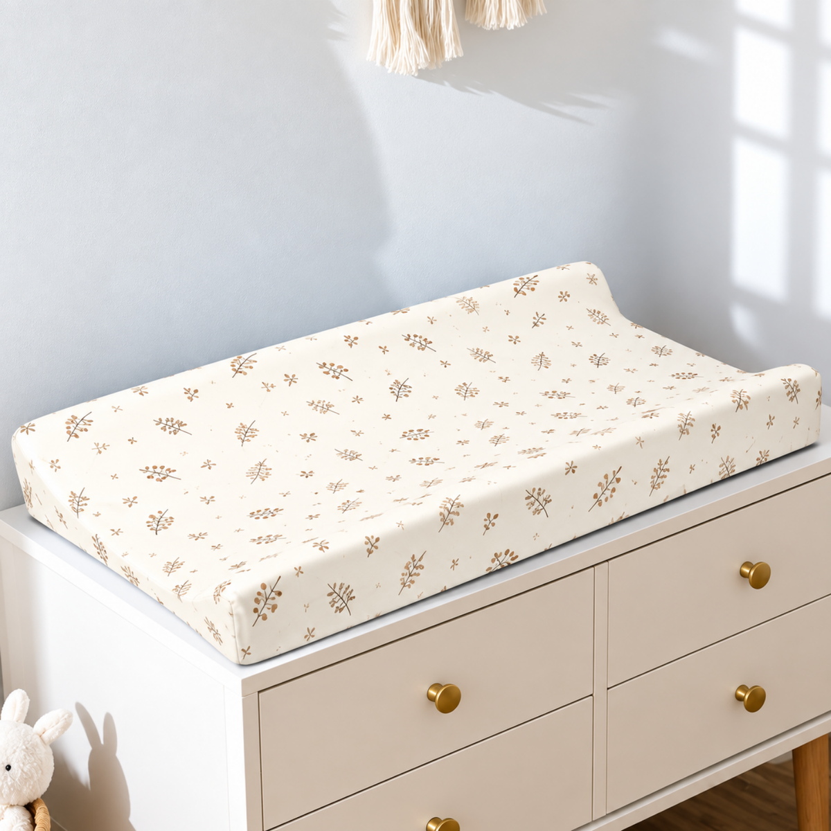 Housse de matelas à langer en coton réutilisable, imprimé Feuilles Beige