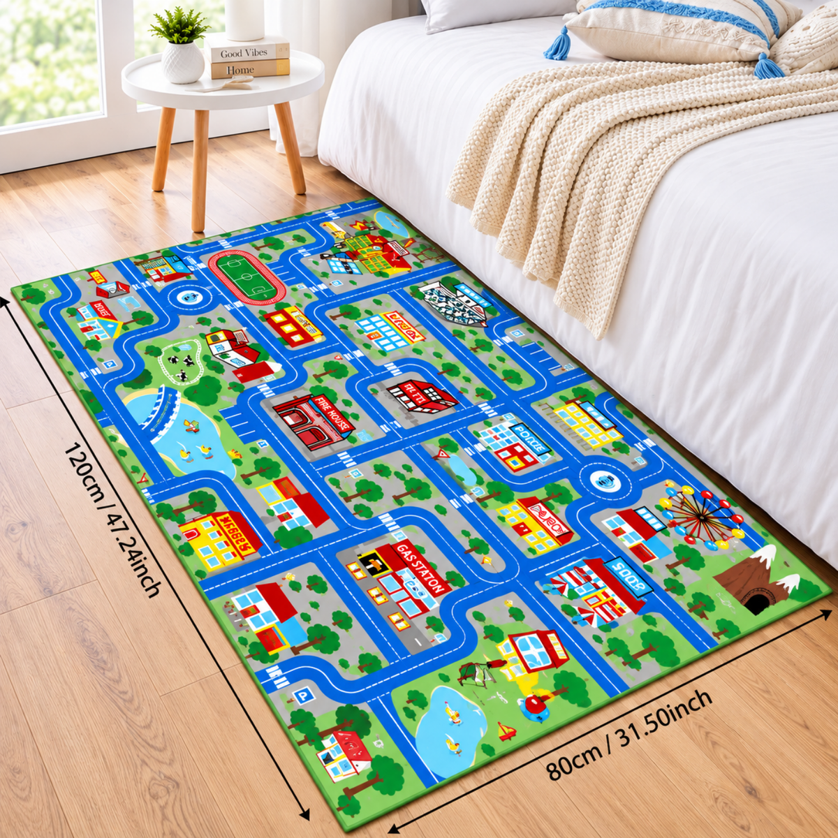 Tapis de jeu enfant imprimé ville bleue avec routes et circuits pour voitures