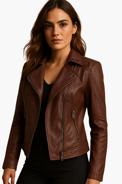 Veste Femme En Cuir – Veste Biker Zippée Élégante Coupe Ajustée