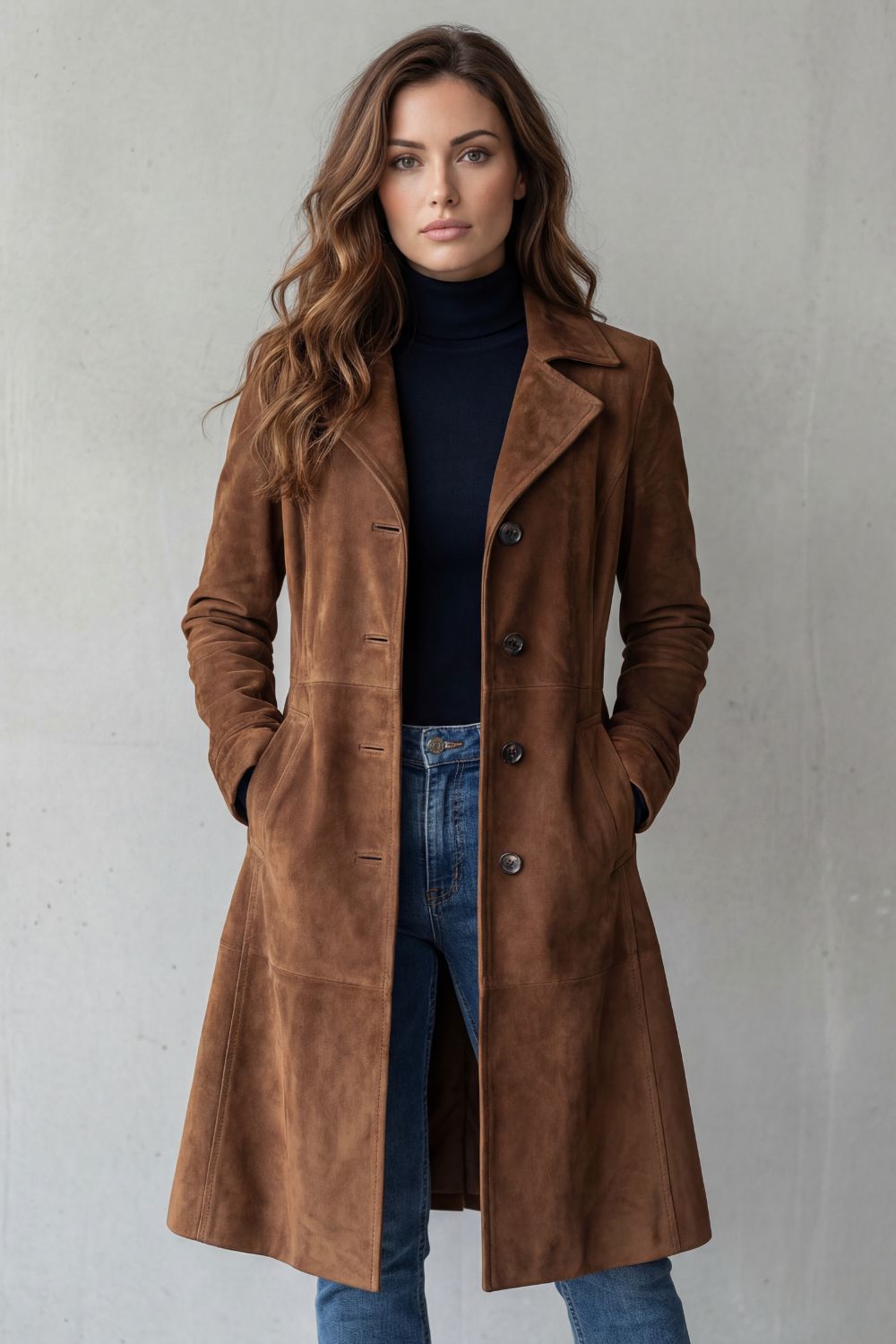 Manteau long vintage effet suédine, détail col