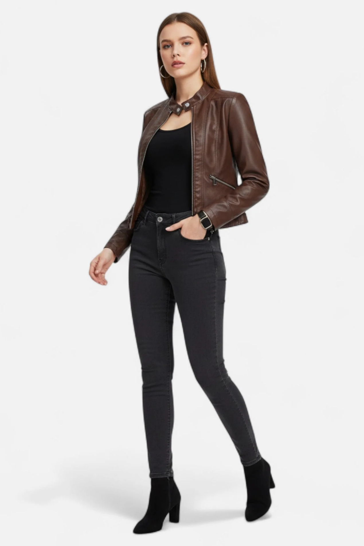 Veste biker femme similicuir, détail fermeture