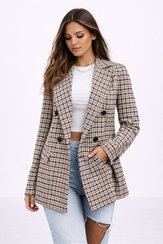 Blazer Femme Pied-de-Poule – Veste Croisée Style Tailoring | Tenue Bureau Élégante & Cérémonie