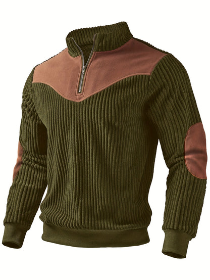 Pull demi-zip côtelé vert kaki avec empiècements suédine marron