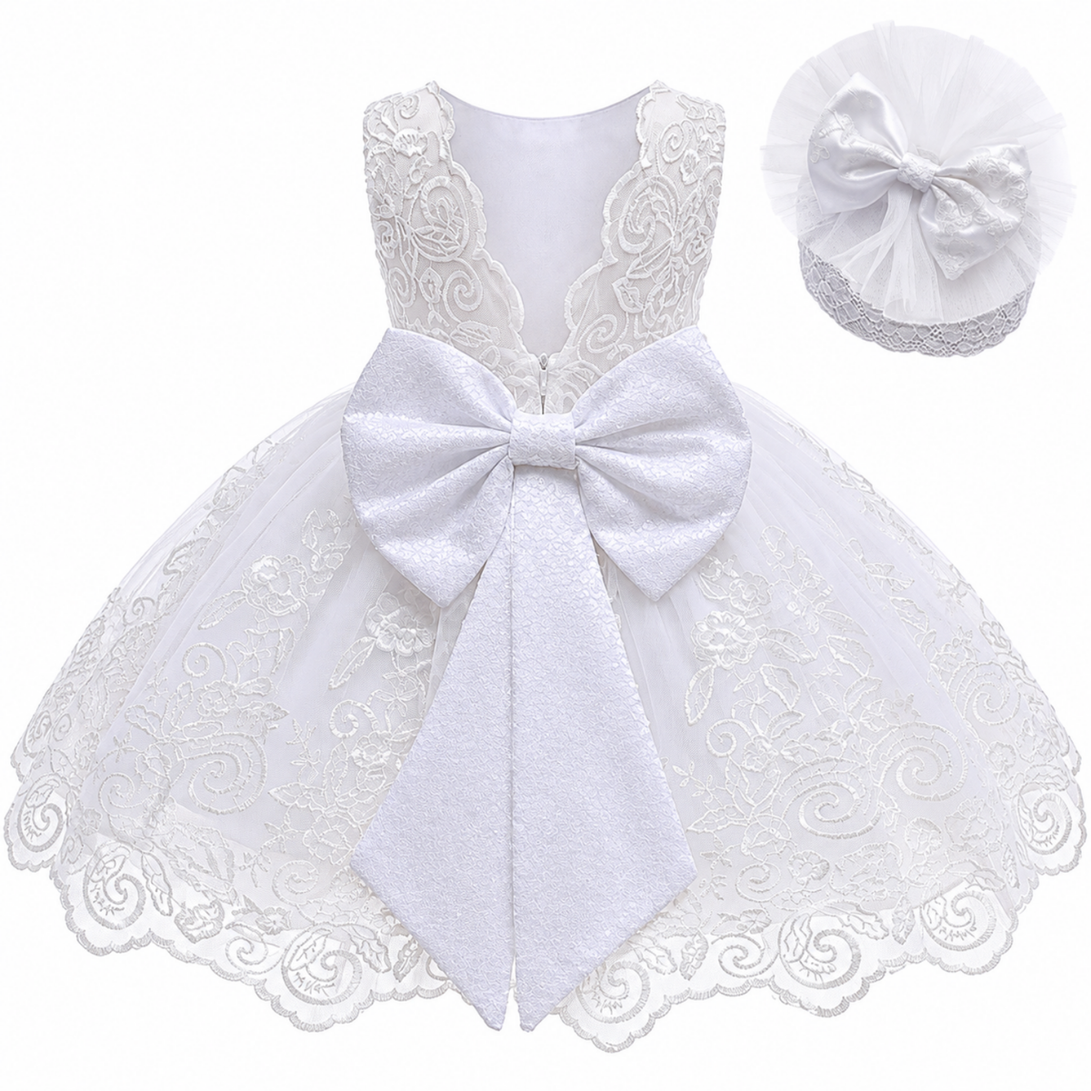 Robe de fête en dentelle blanche avec grand nœud pour bébé fille