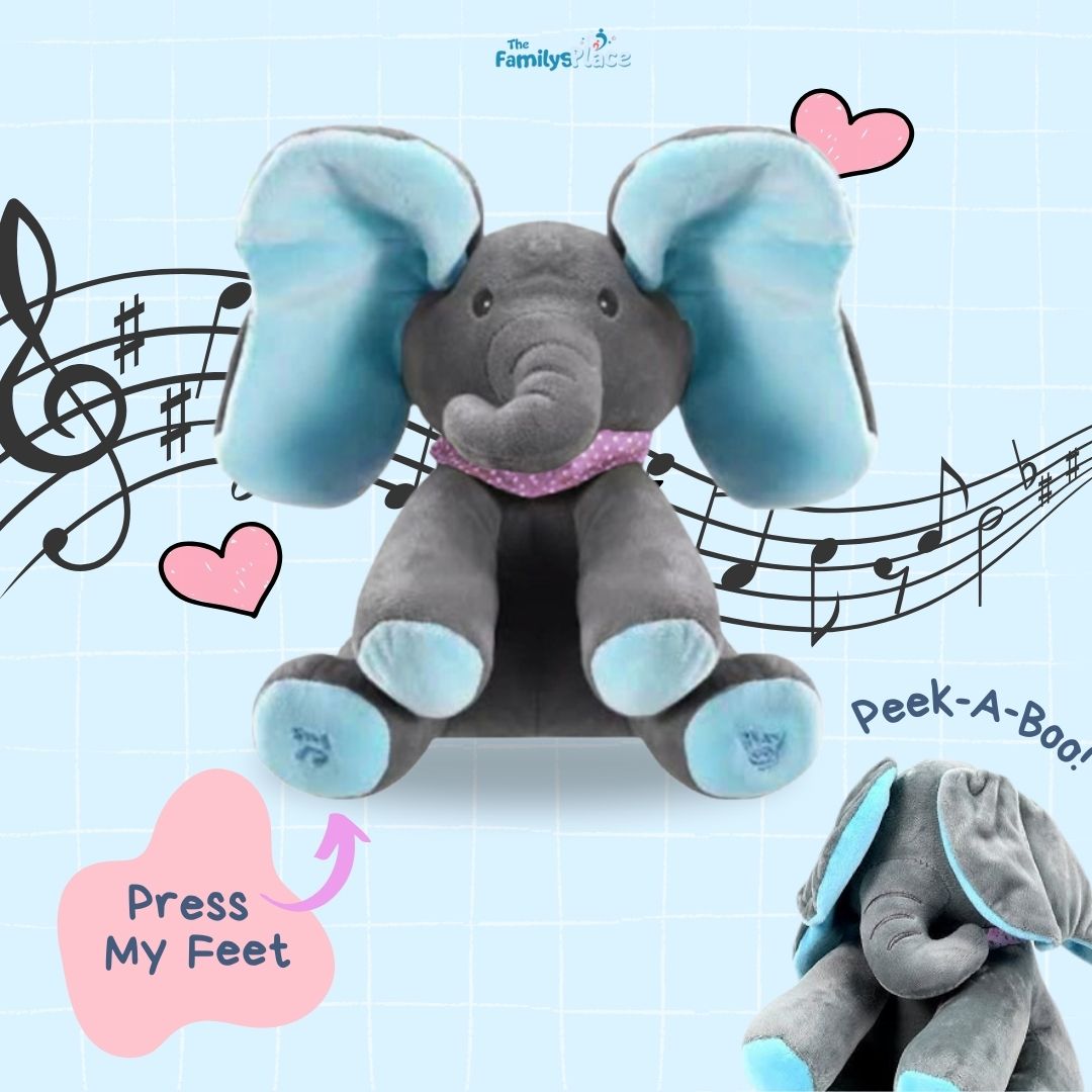 Éléphant peluche coucou interactif, en situation