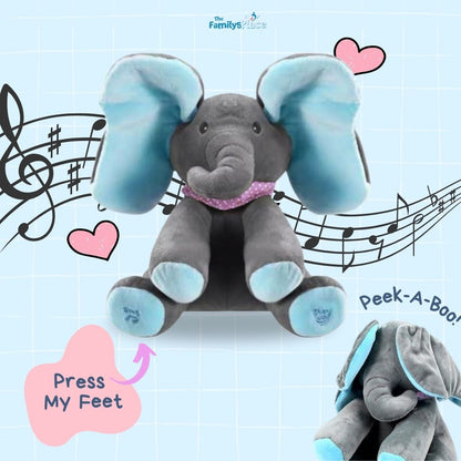 Éléphant peluche coucou interactif, en situation