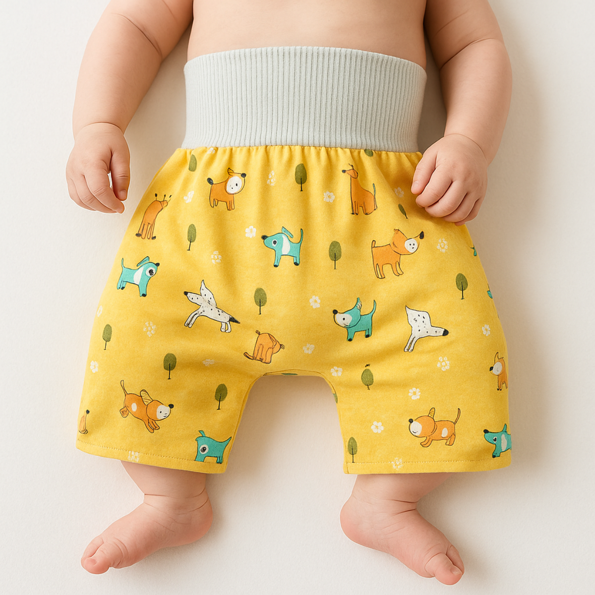Bébé portant le pantalon imprimé chiens jaunes, gros plan sur les jambes et les pieds