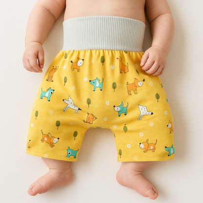 Bébé portant le pantalon imprimé chiens jaunes, gros plan sur les jambes et les pieds
