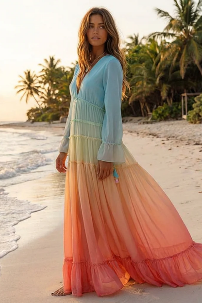 Robe Longue Femme Bohème – Coupe Fluide Col V Volantée Effet Ventre Plat | Robe Maxi Fluide