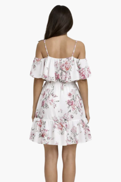 Robe Courte Fleurie Femme – Épaules Dénudées & Volants, Style Estival Élégant